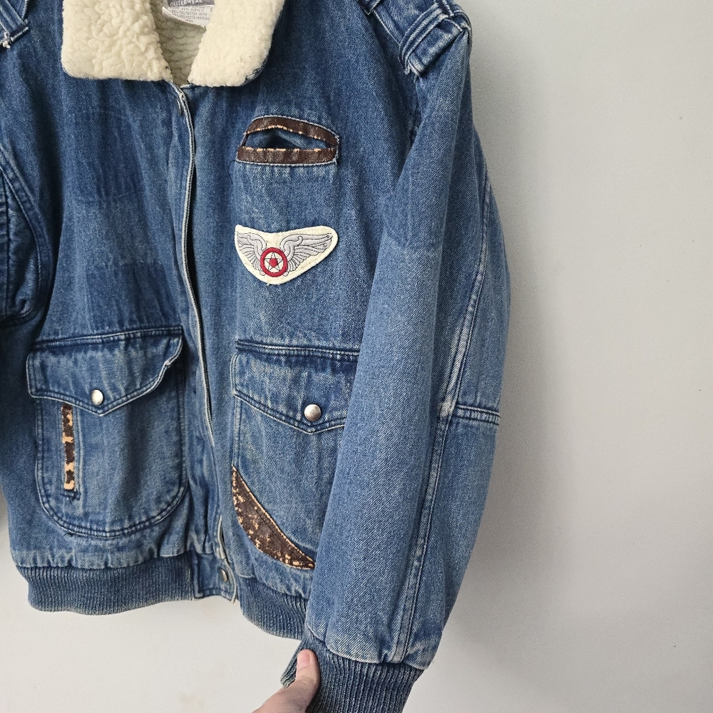 Vtg 90s AKA BAY Puffy Denim Sherpa Lined Mens L Bomber Trucker Jacket Y2K - Picture 9 of 16